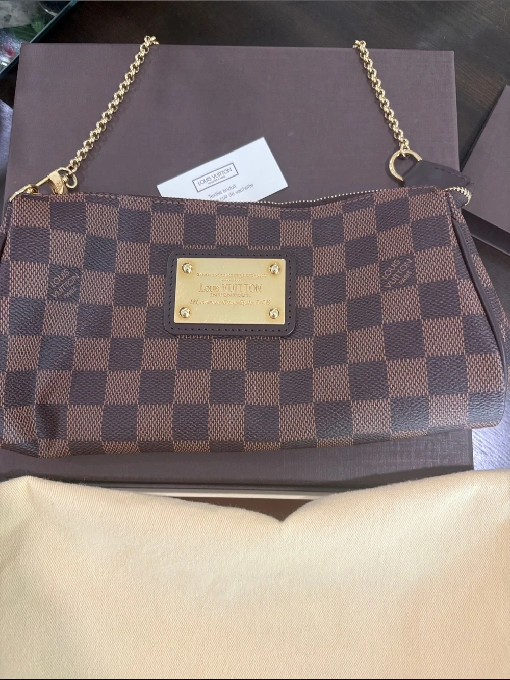 Louis Vuitton Eva Brown Damier Ebene Chain Wristlet Clutch with Gold Plaque